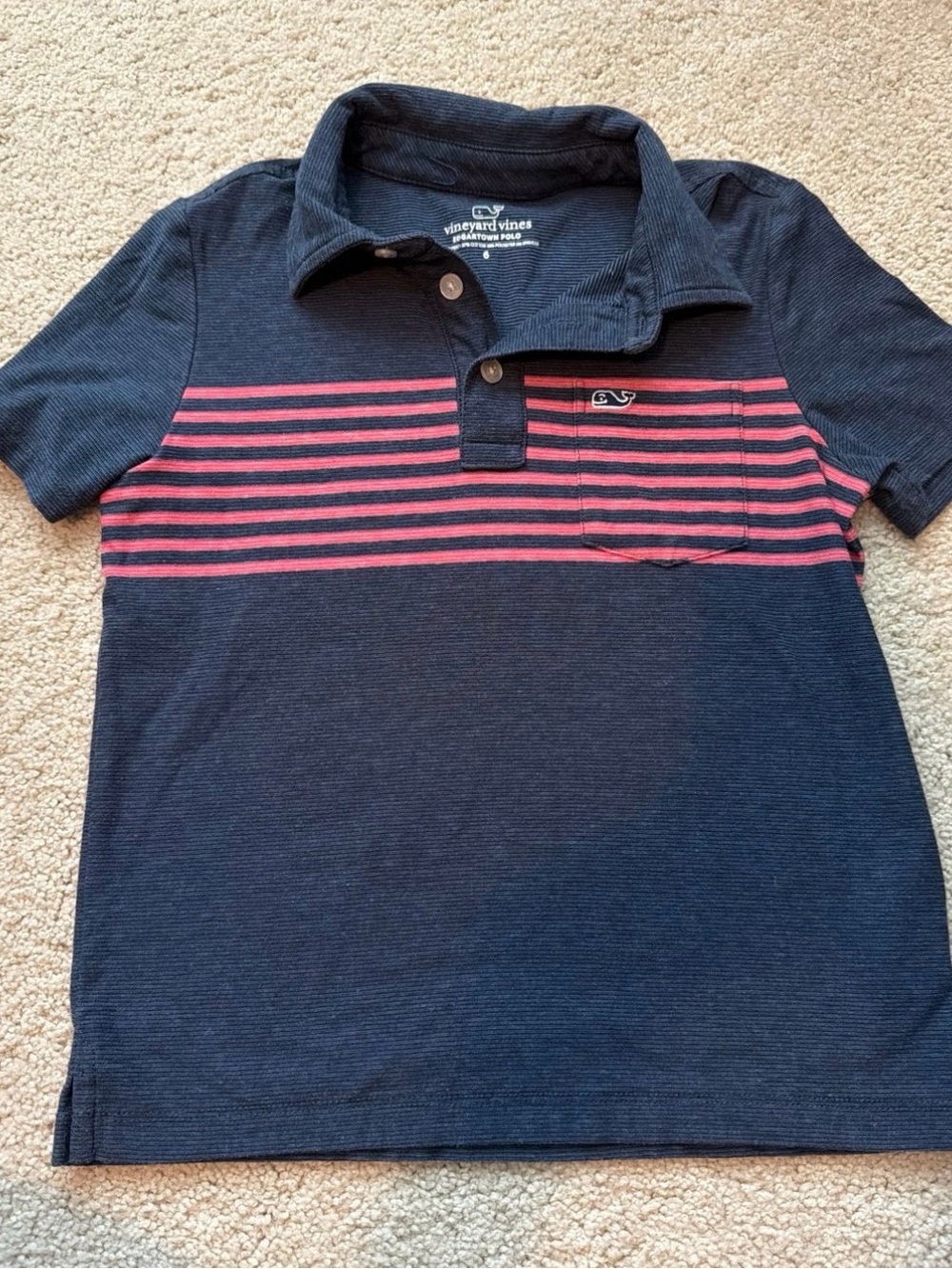 Vineyard Vines Navy Polo with Pink Chest Stripes